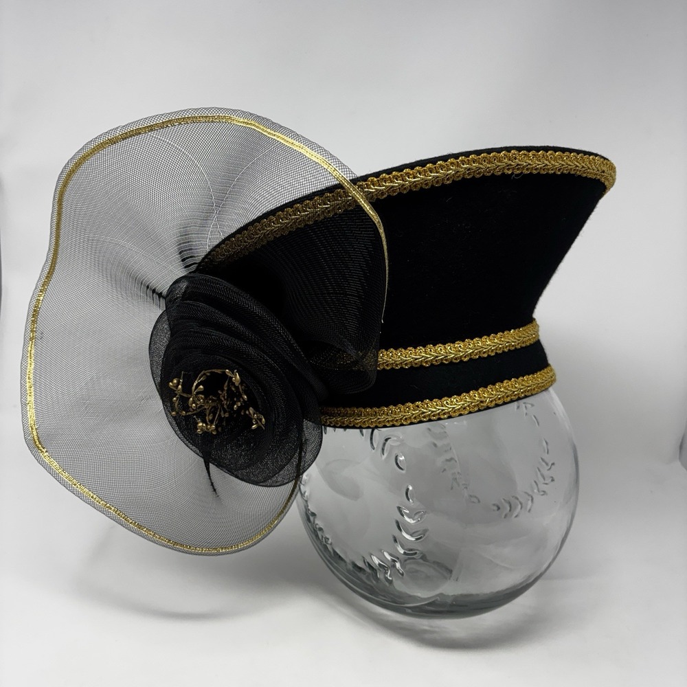 Black Gold Wool Hat Veil 80s Style Dramatic Cocktail Fascinator Military Inspire